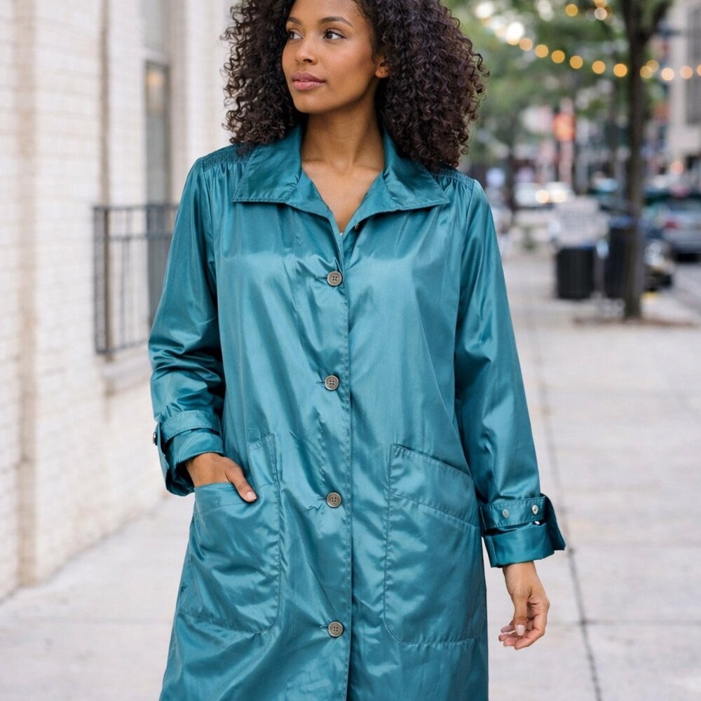 Vintage Clipper Mist Women's Trench Coat Teal Blue Button Up Lined Size 12